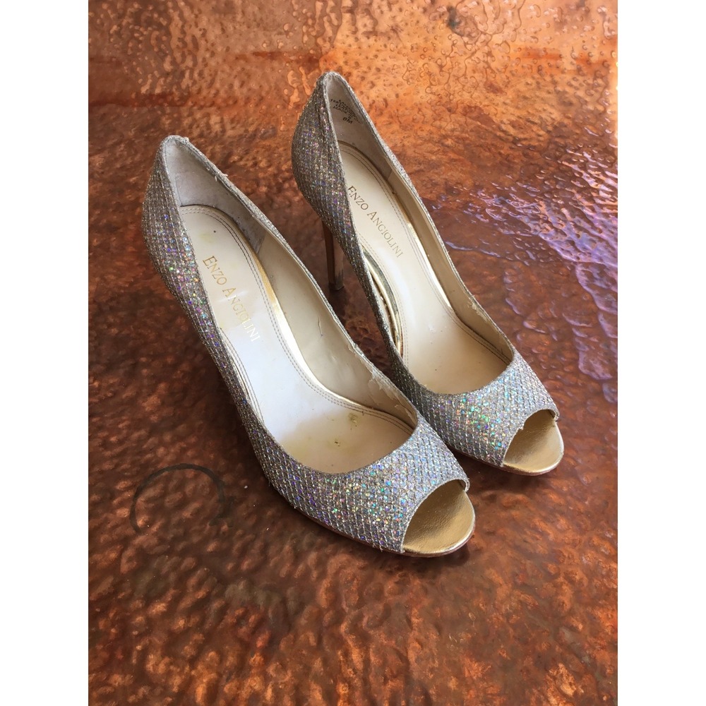 Enzo Angiolini Silver Glitter Peep Toe Stiletto Heels 8 1/2M Holiday Sparkly